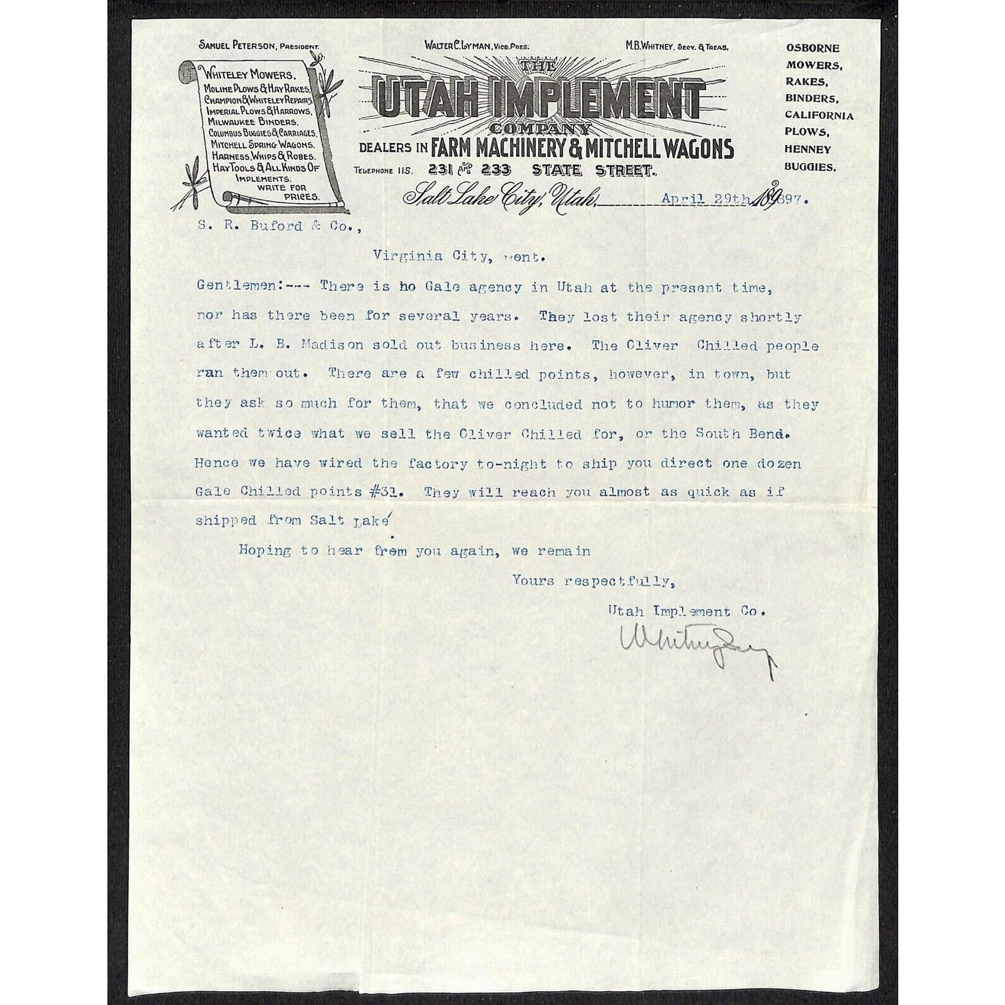 "The Utah Implement Co" Mitchell Wagons Salt Lake City 1897 Buford* Letterhead