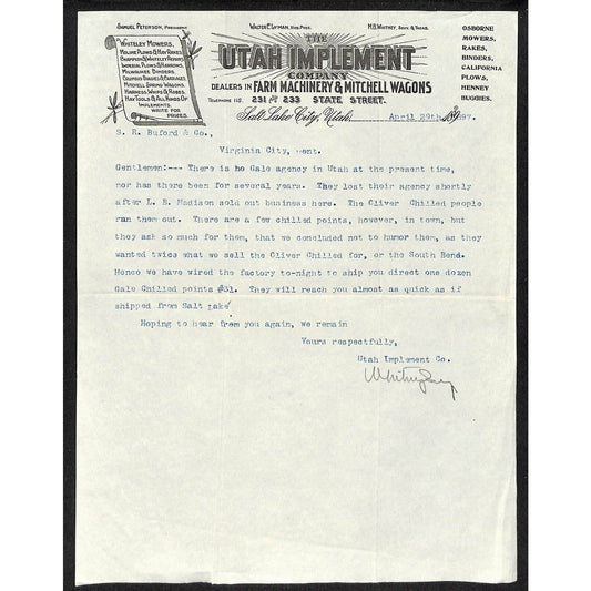 "The Utah Implement Co" Mitchell Wagons Salt Lake City 1897 Buford* Letterhead