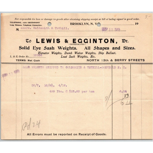 1910 Brooklyn NY Letterhead Lewis & Egginton Solid Eye Sash Weights Dumb Waiter