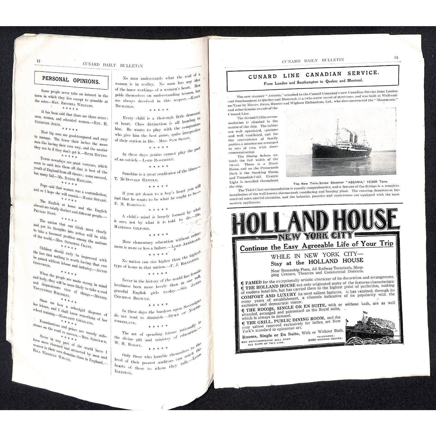 Cunard Daily Bulletin 1911 pp2-32 Present- and Missing Cover and pp15-18 Scarce