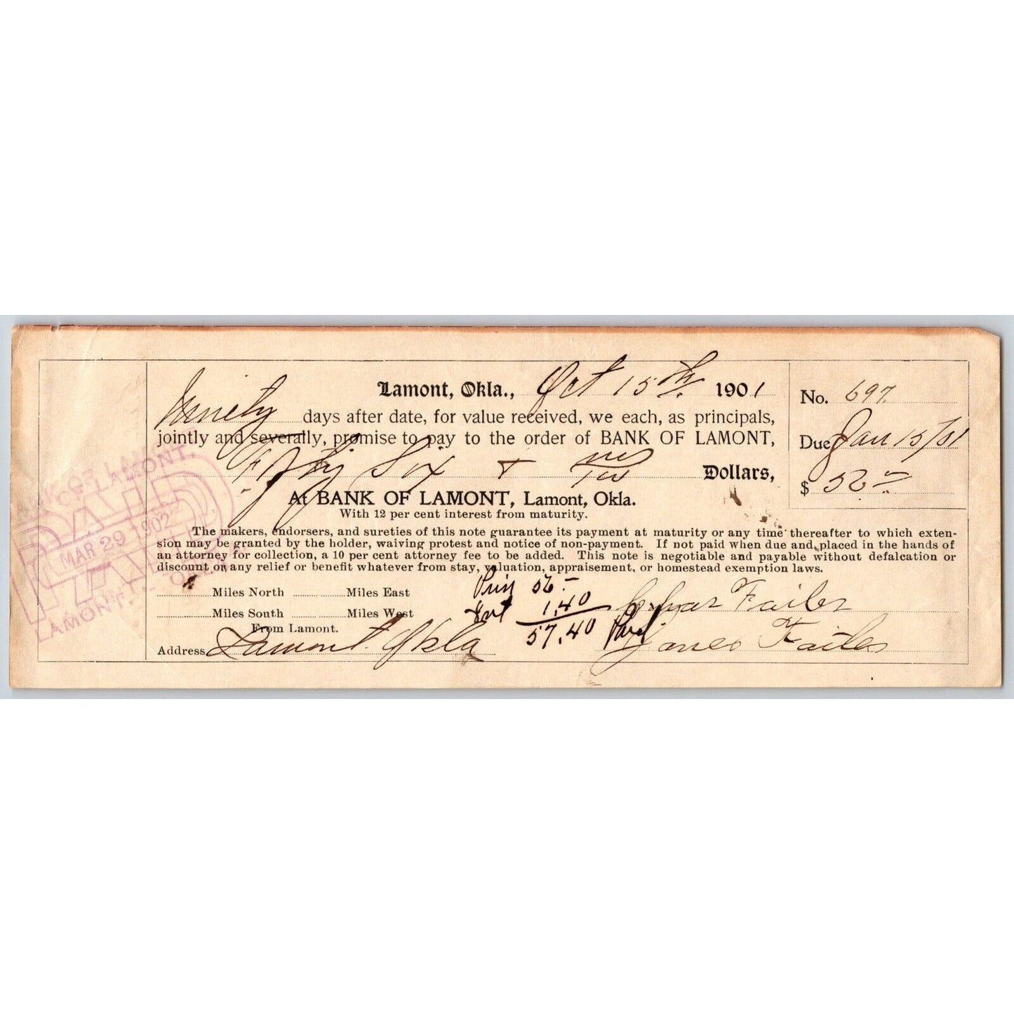 Lamont, Oklahoma 1901 Territorial "Bank of Lamont" $50 Promissory Note - Scarce