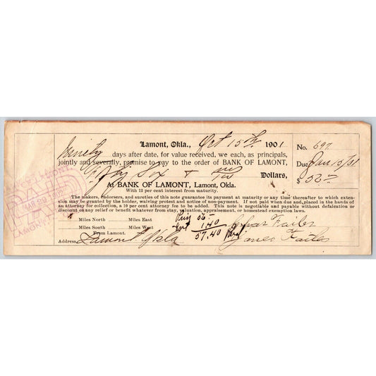 Lamont, Oklahoma 1901 Territorial "Bank of Lamont" $50 Promissory Note - Scarce