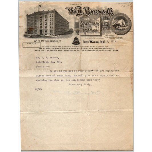 Weil Bros. & Co.1914 Letterhead Fort Wayne, IN Raw Furs and Ginseng Bell Logo