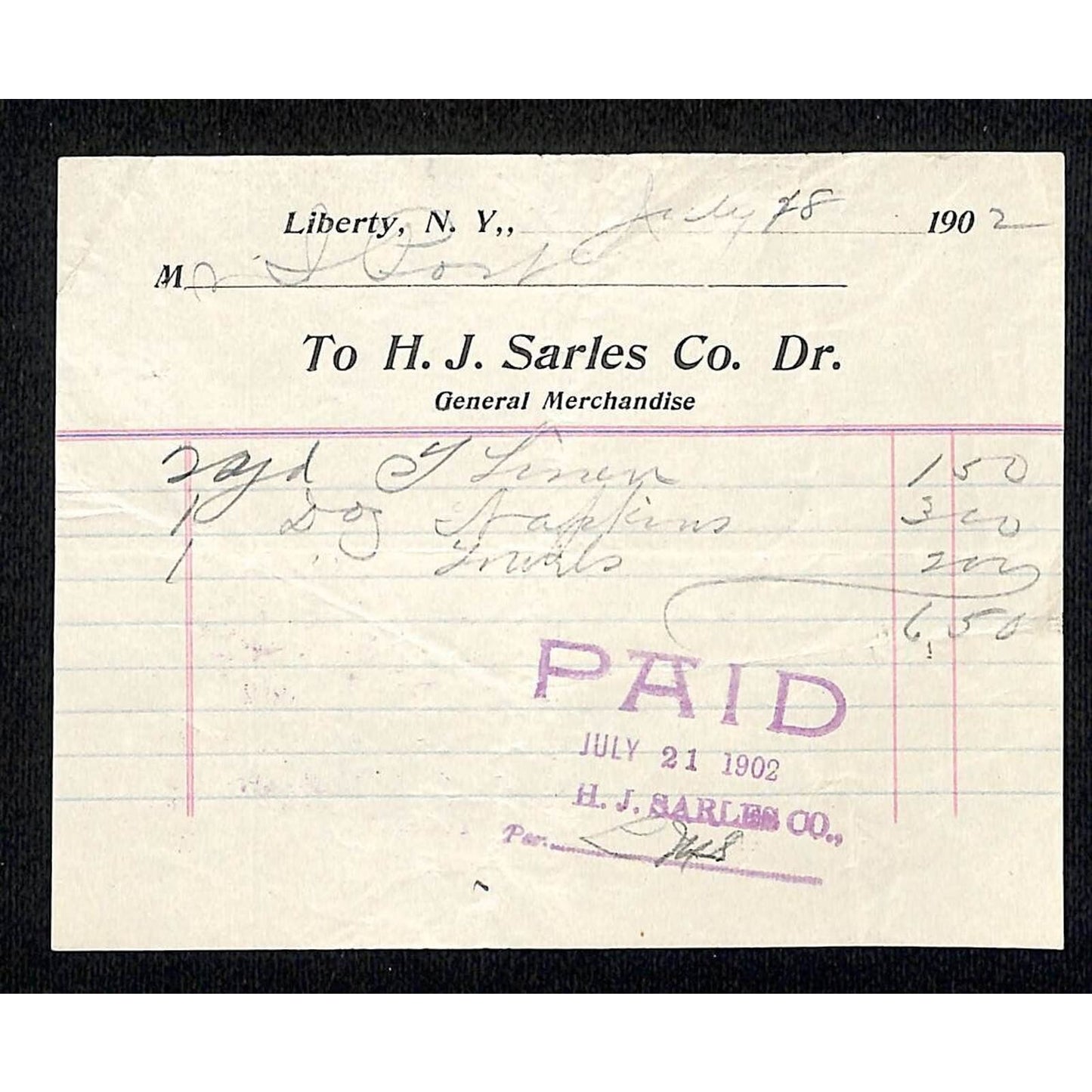 Liberty, NY H.J Sarles Co. General Merchandise Linens Napkins 1902 Billhead