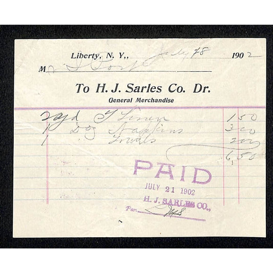 Liberty, NY H.J Sarles Co. General Merchandise Linens Napkins 1902 Billhead