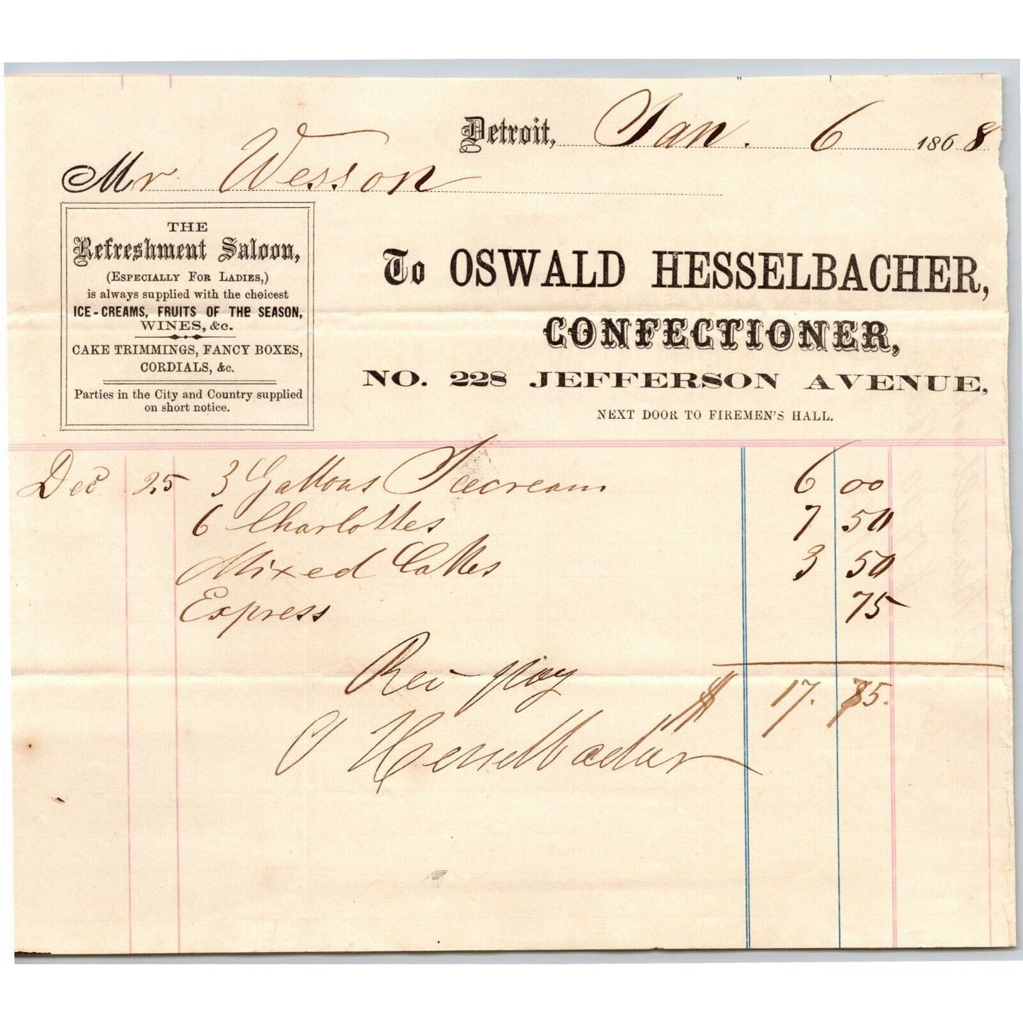 Detroit Letterhead Oswald Hesselbacher Confectioner Refreshment Saloon 1868