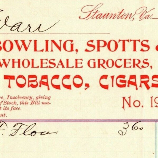 1893 Scarce Bowling, Spotts & Co Flour Cigars Billhead Letterhead Staunton, VA