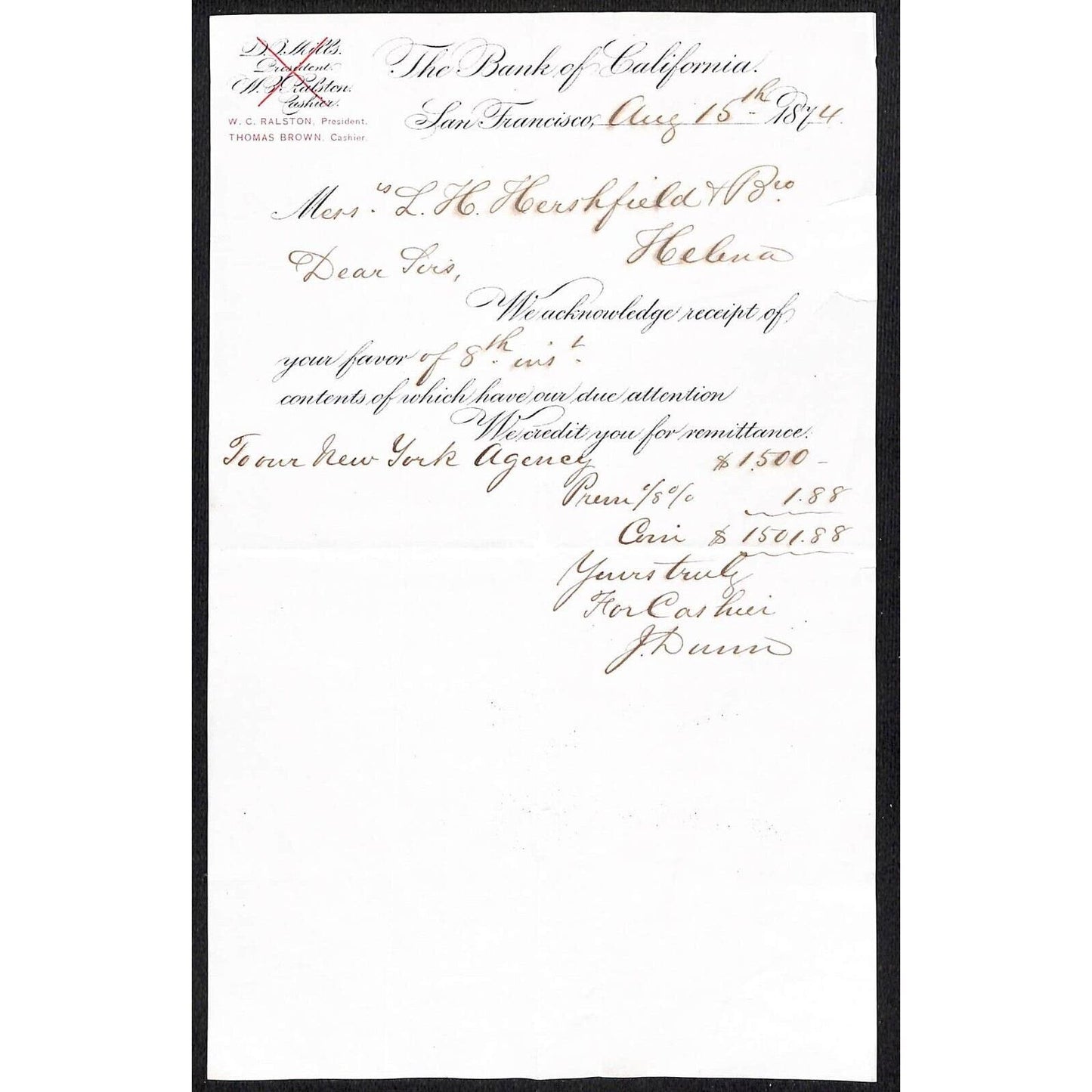 1874 Bank of California San Francisco Letterhead - L.H. Hershfield Helena, MT