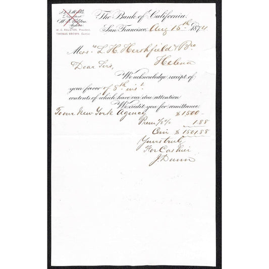 1874 Bank of California San Francisco Letterhead - L.H. Hershfield Helena, MT