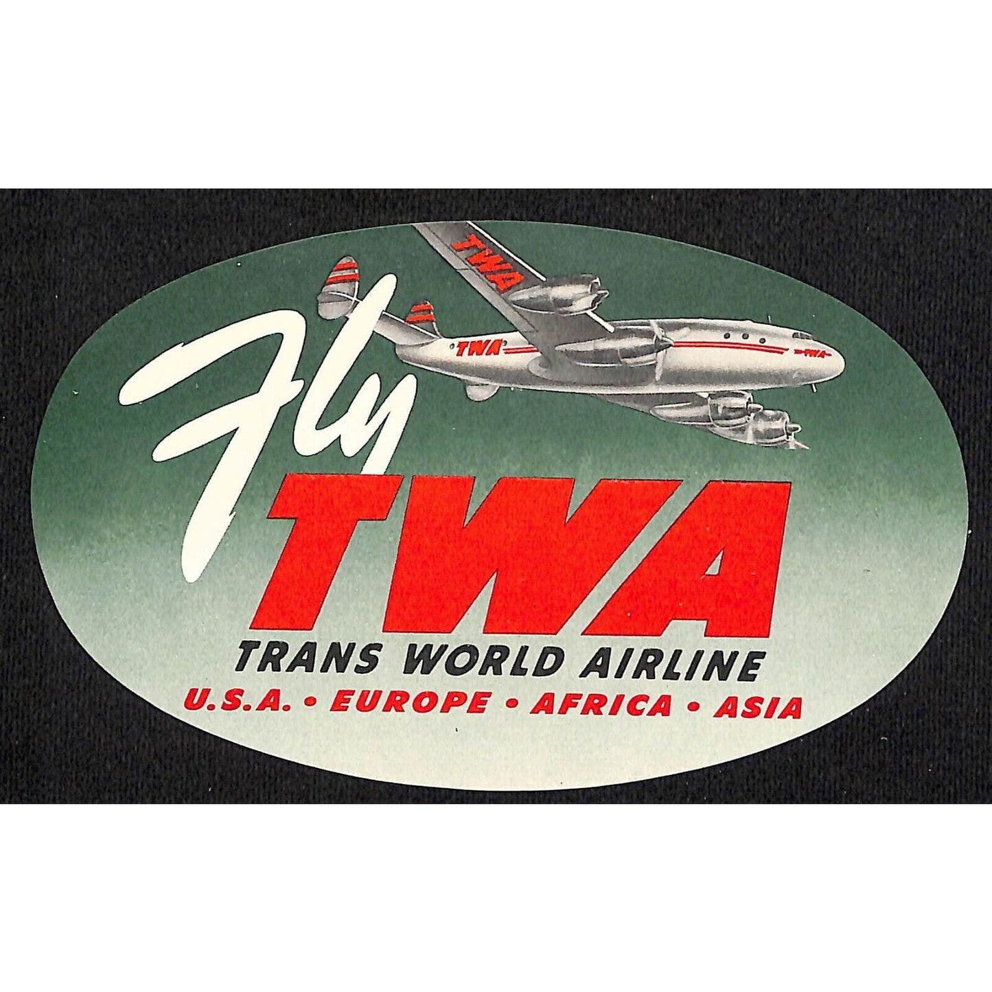 "Fly TWA Trans World Airline" Europe Africa Asia U.S.A. Large Gum Label VGC