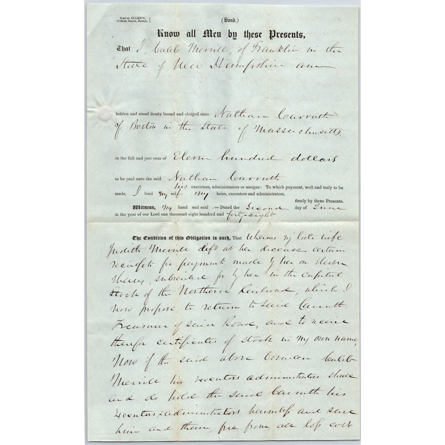 1848 Legal Bond Estate Doc. re: $1,100 & Northern Railroad Stock Nathan Carruth