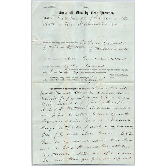 1848 Legal Bond Estate Doc. re: $1,100 & Northern Railroad Stock Nathan Carruth