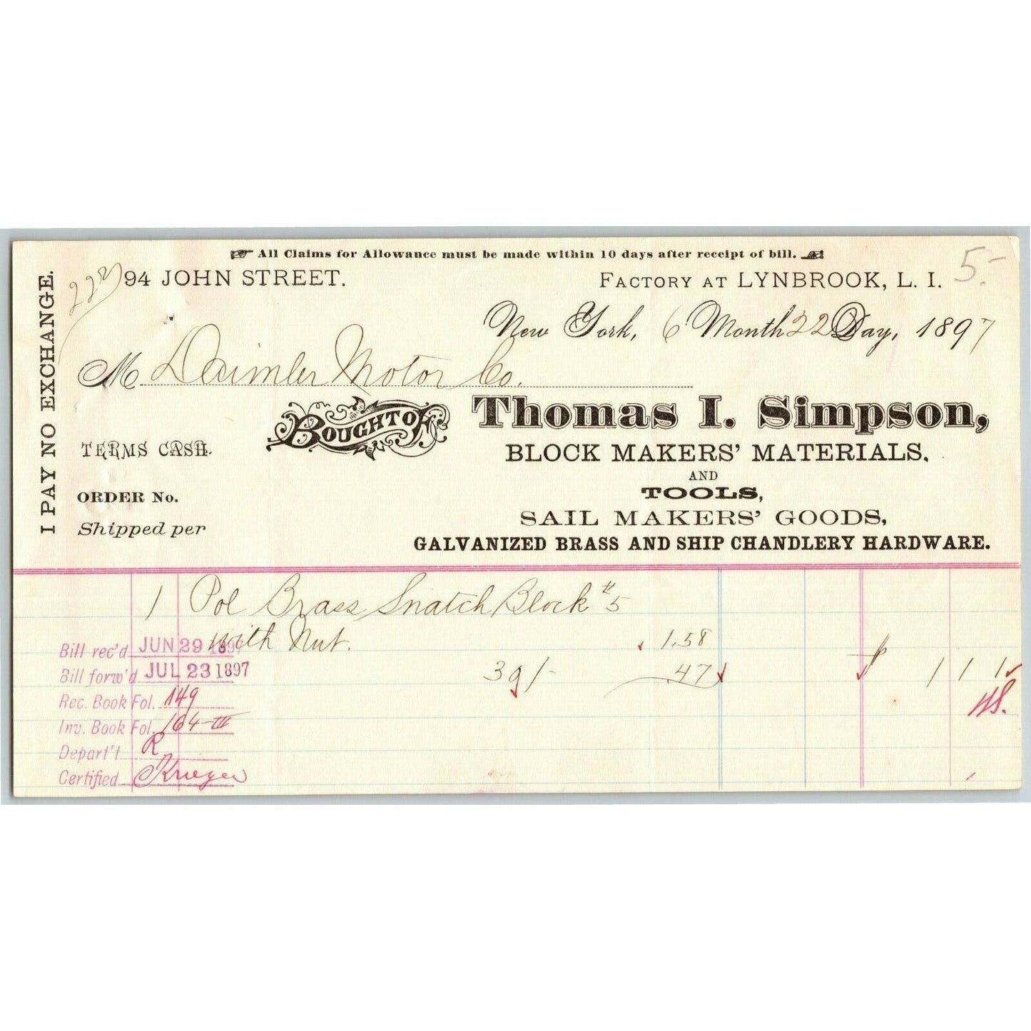 John Street NYC Billhead Letterhead 1897 Thomas I. Simpson Block Sail Makers
