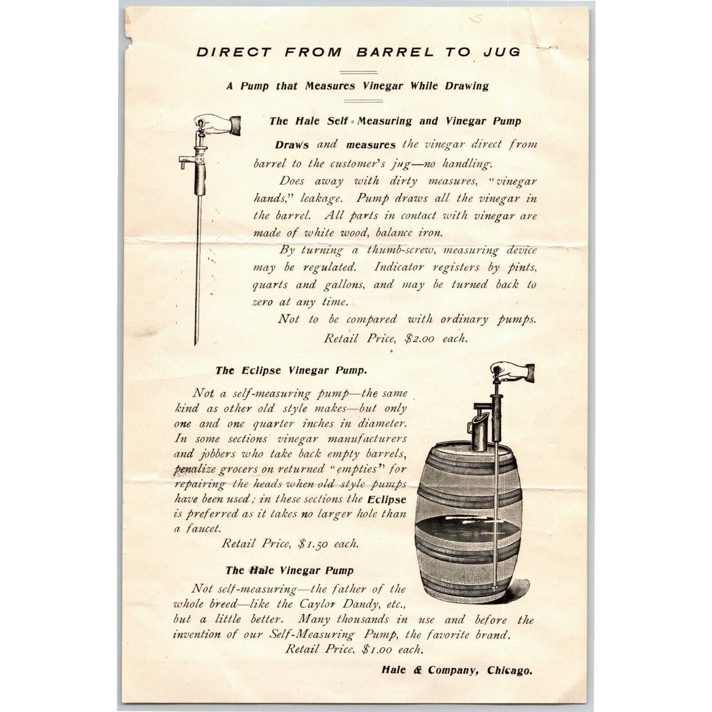 Scarce c1890-1910 Chicago Sales Sheet Hale & Co. Eclipse Barrel Vinegar Pump