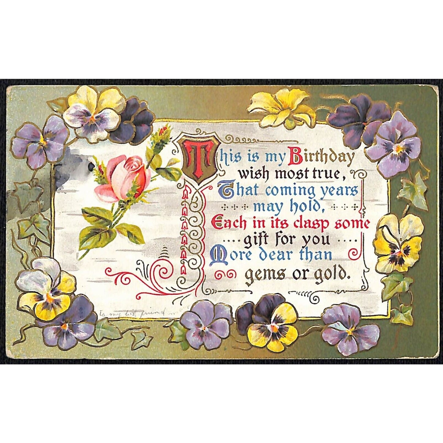 Birthday Postcard Floral Embossed - w/ York, PA High School Stamp c1910-1920
