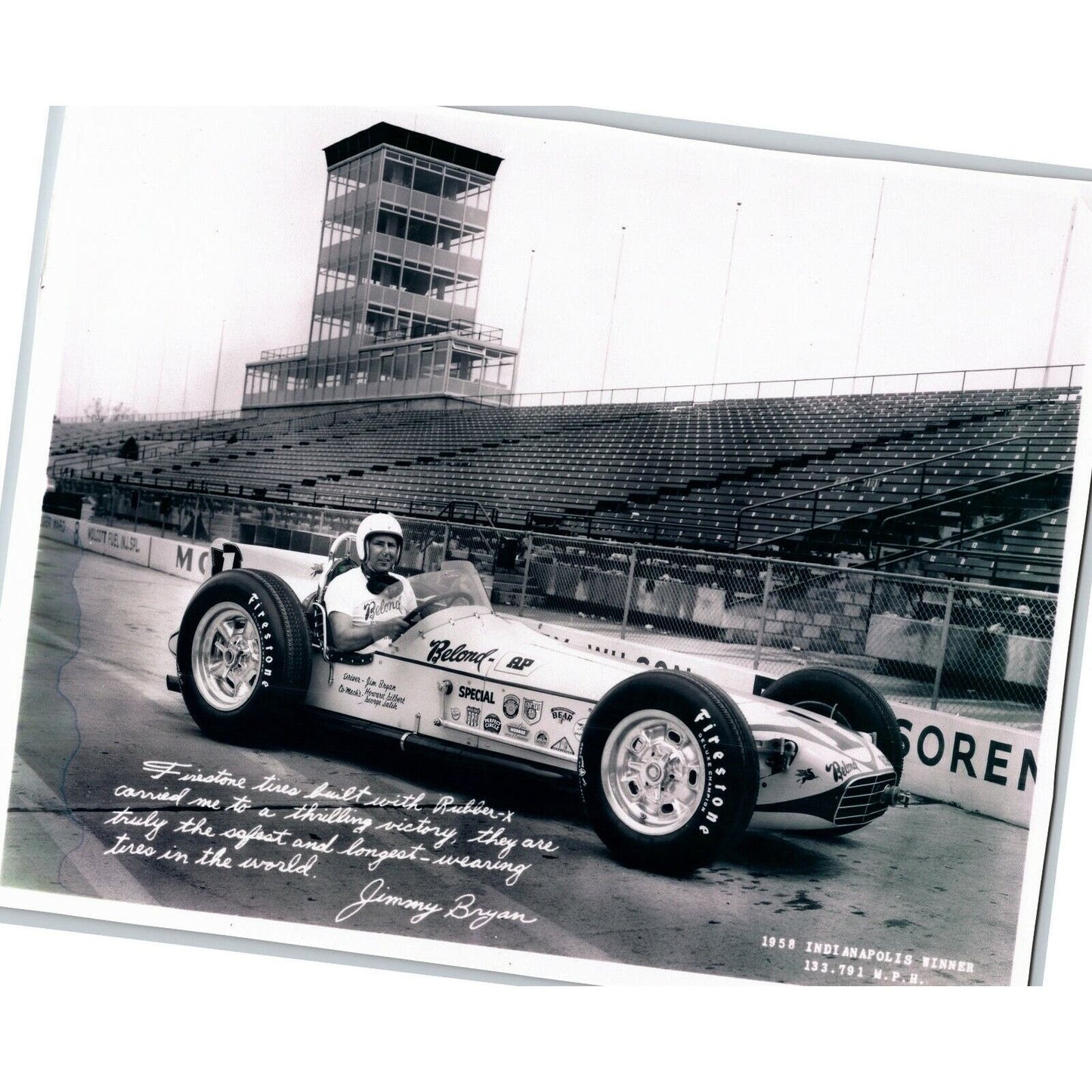 Indy 500 1958 Jimmy Bryan - 8x10 Glossy HQ B&W Repro on Kodak Paper