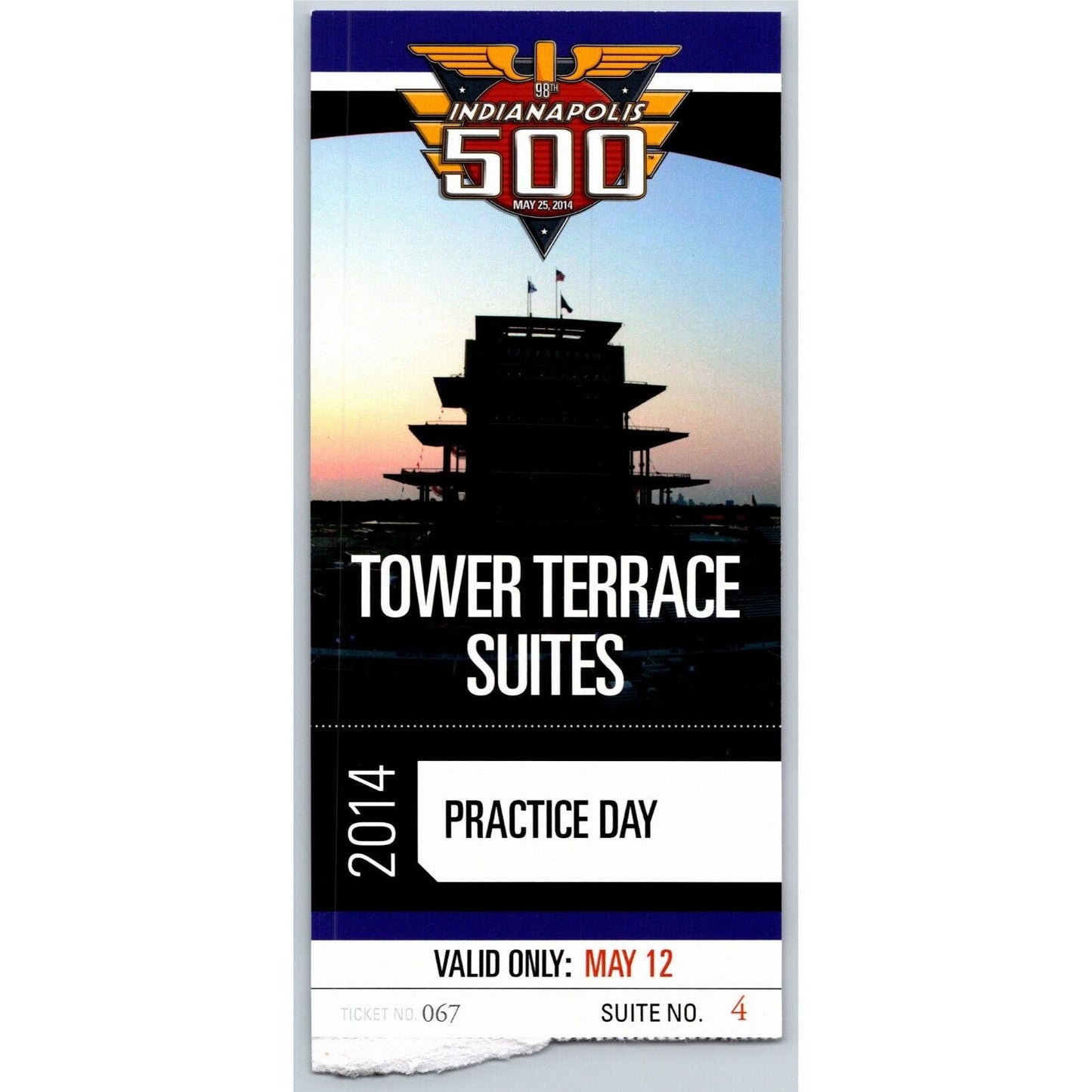 2014 Indy 500 Practice Day 5/12 Tower Terrace Suites Ticket Stub #067