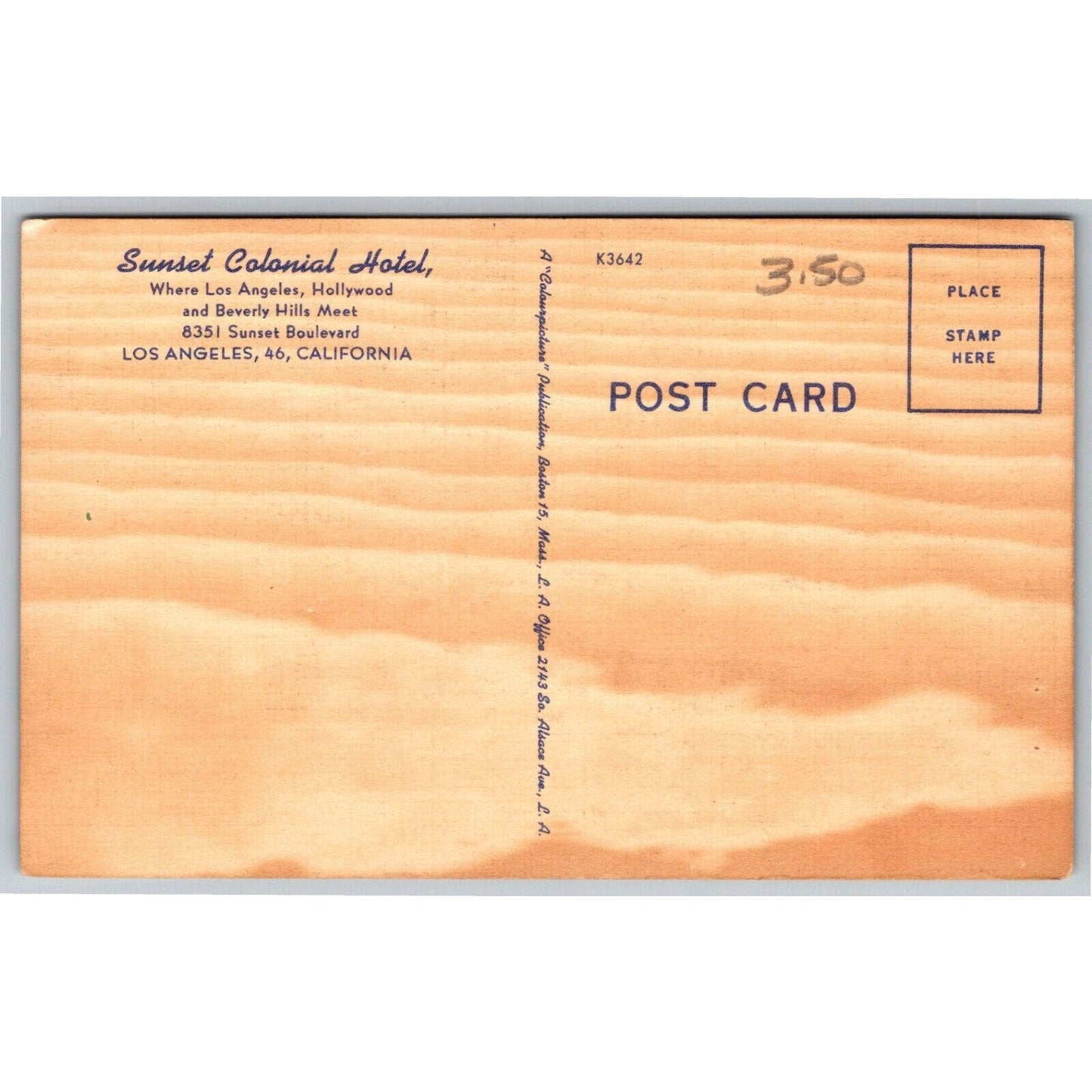 Los Angeles Sunset Colonial Hotel Linen Postcard c1935-40's VGC Wood Grain Rev.