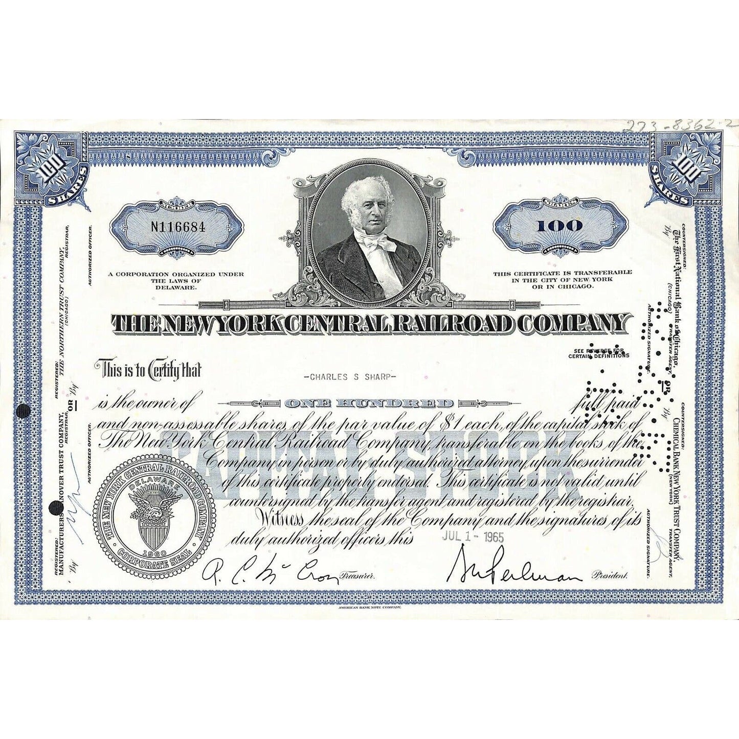 Group of 20 1960's New York Central Railroad Vintage Stock Certificates