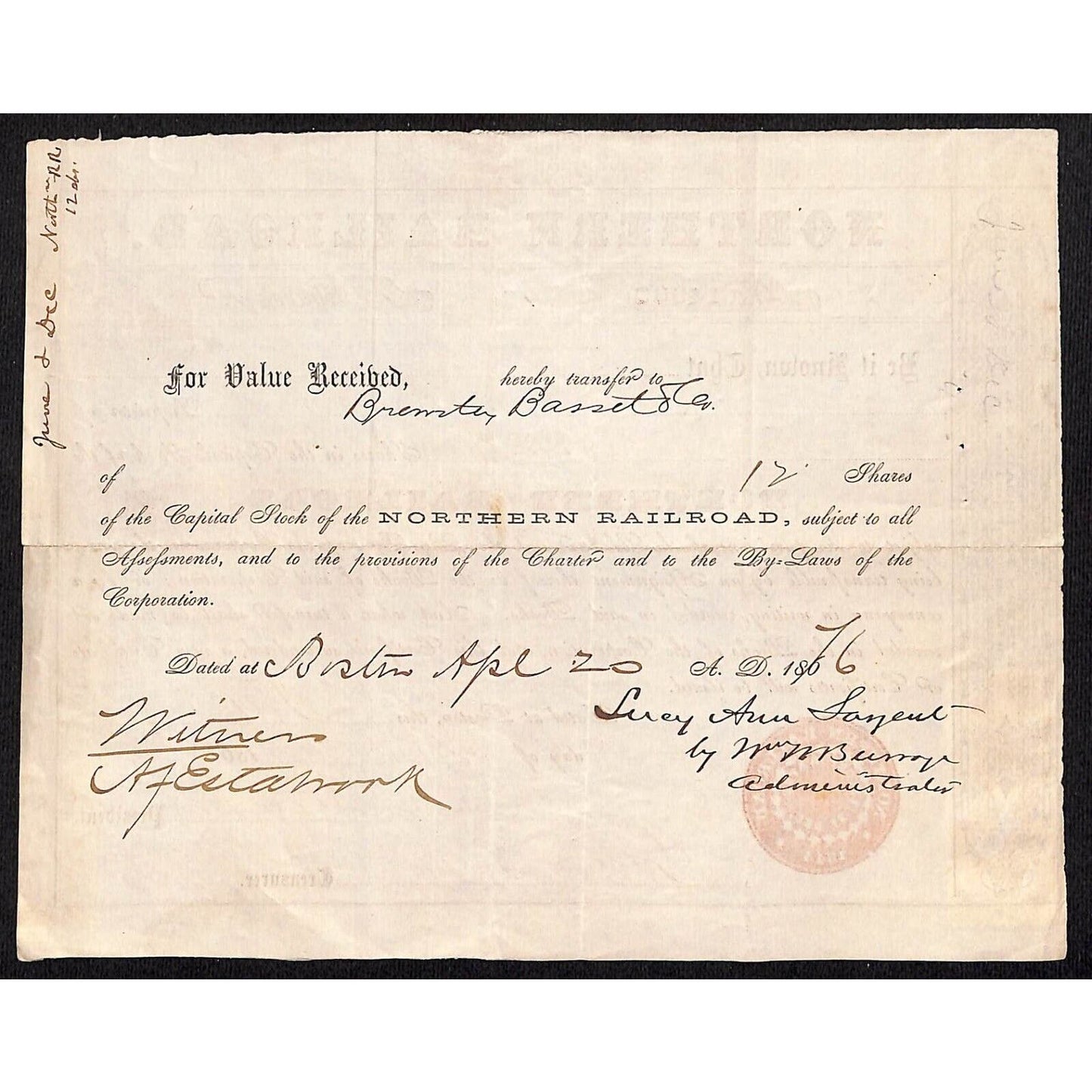 1868 Northern Railroad Stock Certificate w/ 25c Rev Stamp "Lucy Ann Sargent"