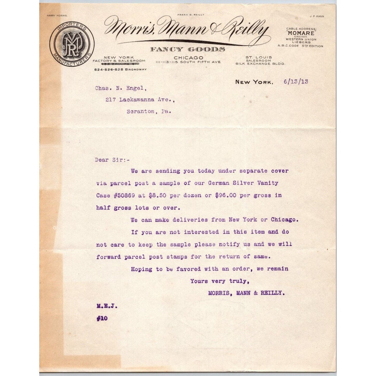 New York City Broadway Morris, Mann & Reilly Fancy Goods 1913 "Engel" Letterhead