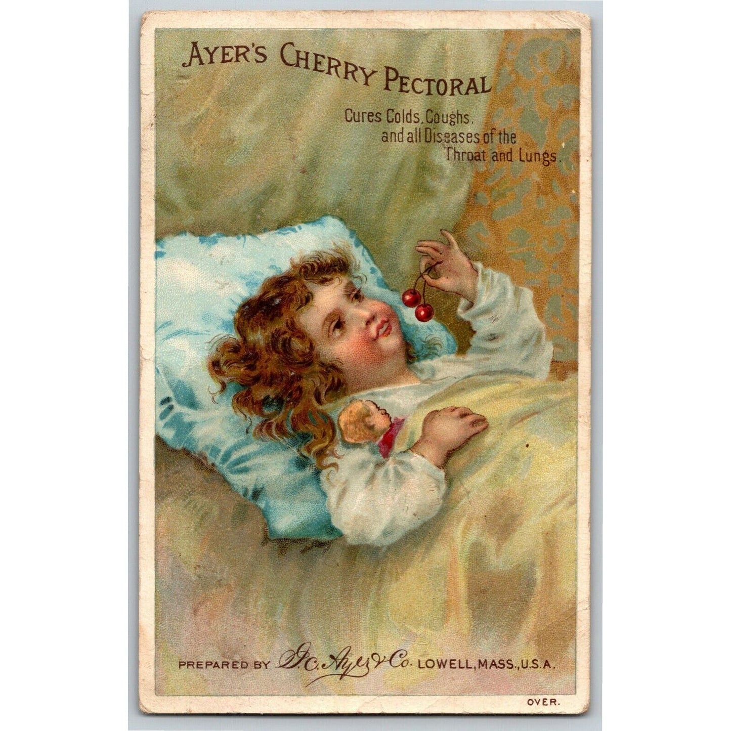 Ayer's Cherry Pectoral for Coughs Child in Bed w/ Cherries Victorian Trade Card