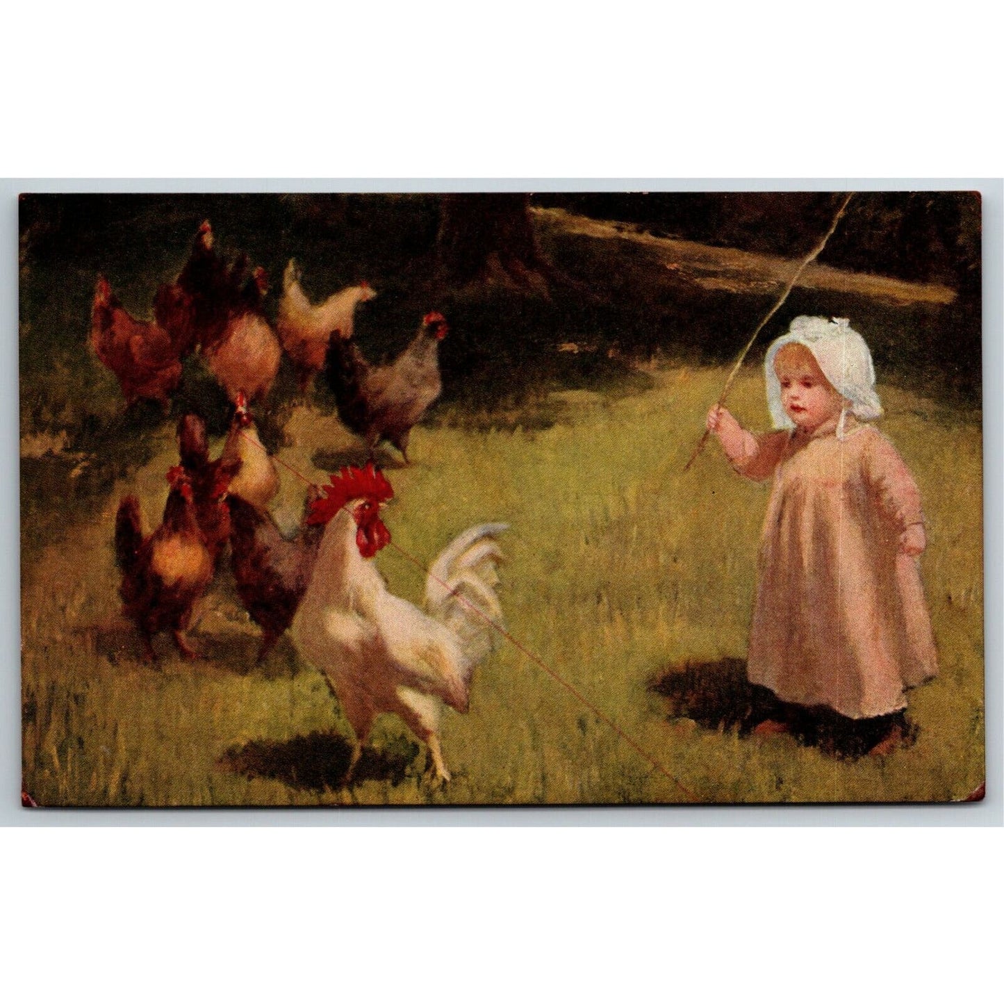 Vintage c1908 Postcard - Child Holding a Switch in Yard w/ Concerned Chickens
