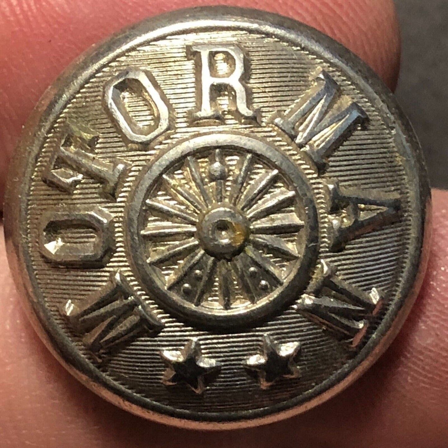 Motorman Railroad Brass Convex Uniform Button Pettibone Mf'g w/ Wheel 3/4"