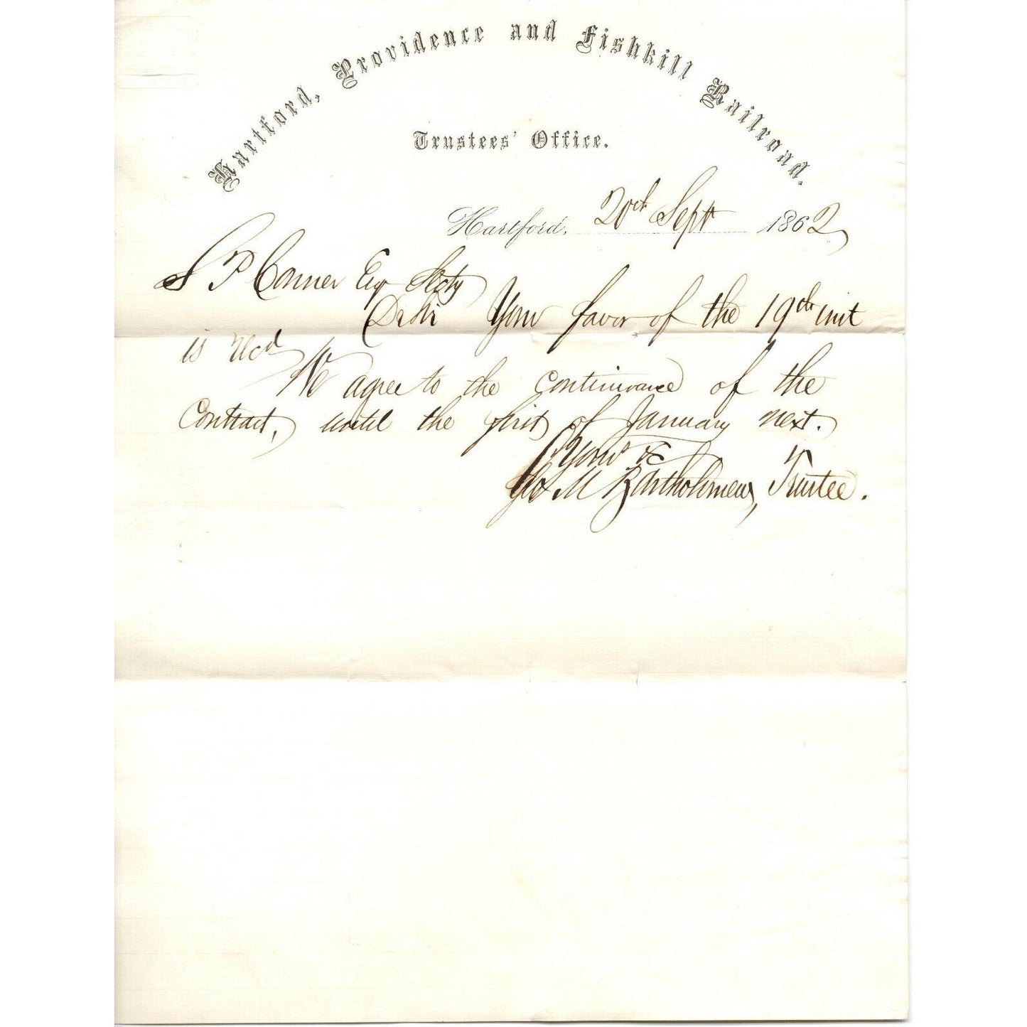 1862 Hartford, Providence & Fishkill Railroad Signed Contract Extension Letter