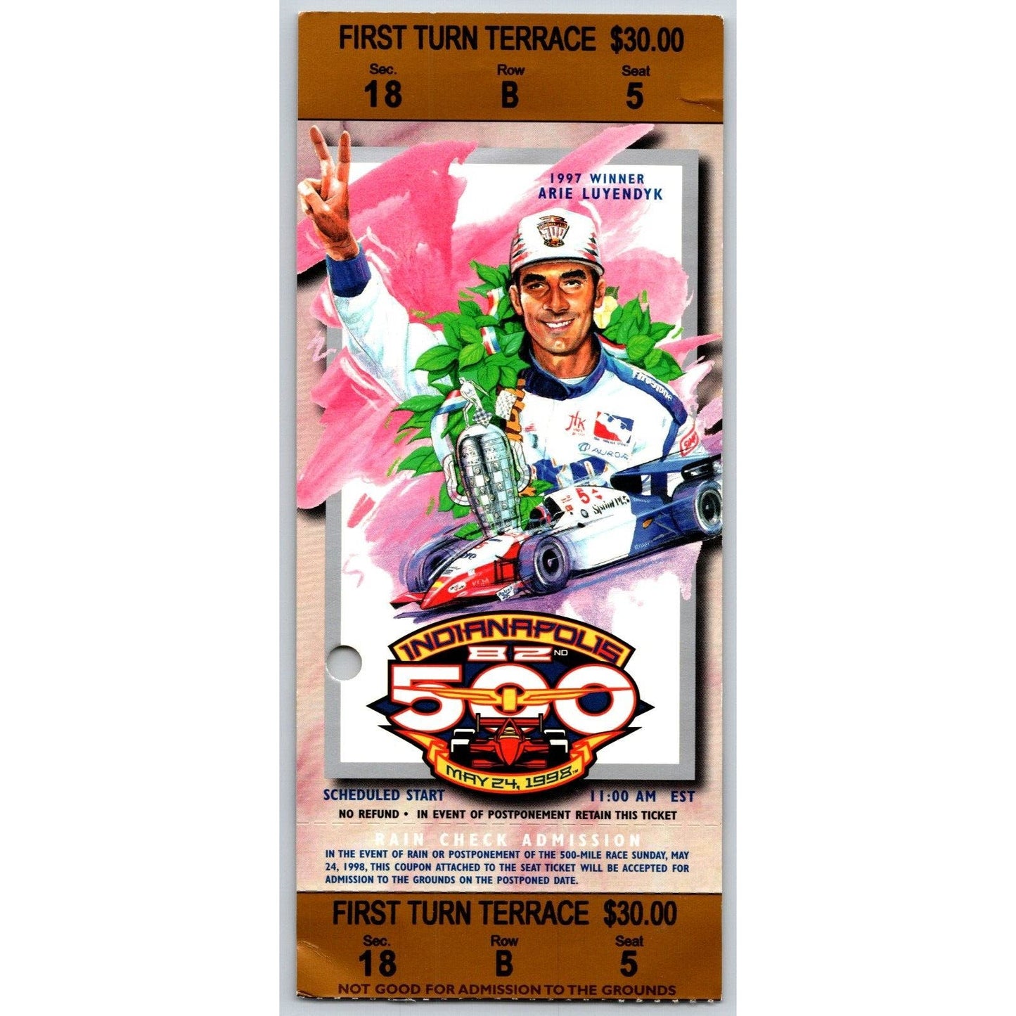 1998 Indianapolis 500 Ticket Stub Racing IMS Arie Luyendyk - seat 5