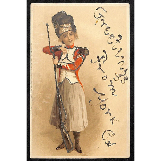 Greetings From York, PA Glitter Postcard c1906 Girl in Soldiers Uniform & Rifle