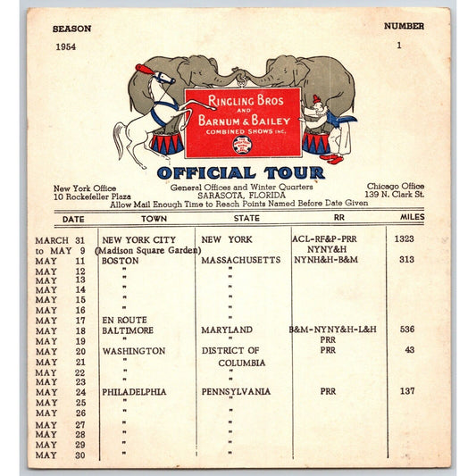 1954 Ringling Bros Barnum Bailey Circus Route Card Boston NYC Philadelphia