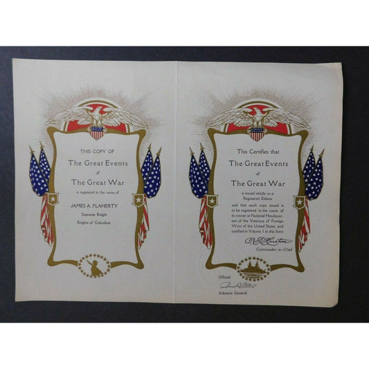 Embossed COA for Veterans of Foreign Wars "The Great Events of The Great War"