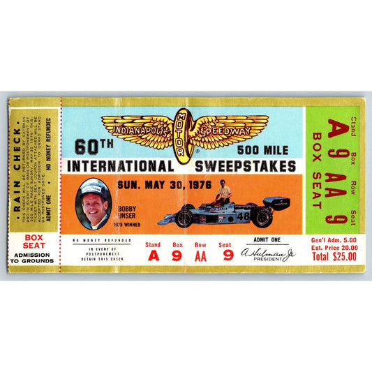 1976 Indianapolis 500 Ticket Stub w/ Booby Unser Racing IMS Seat 9