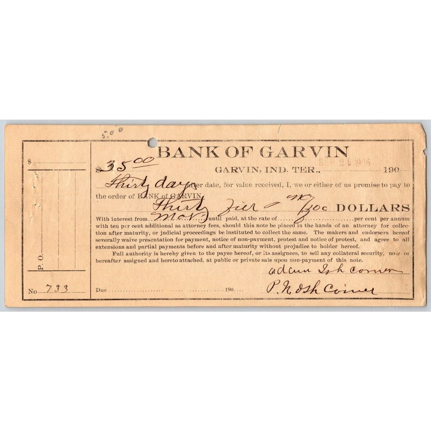 Garvin, Oklahoma Indian Territory 1906 Promissory Note - Scarce