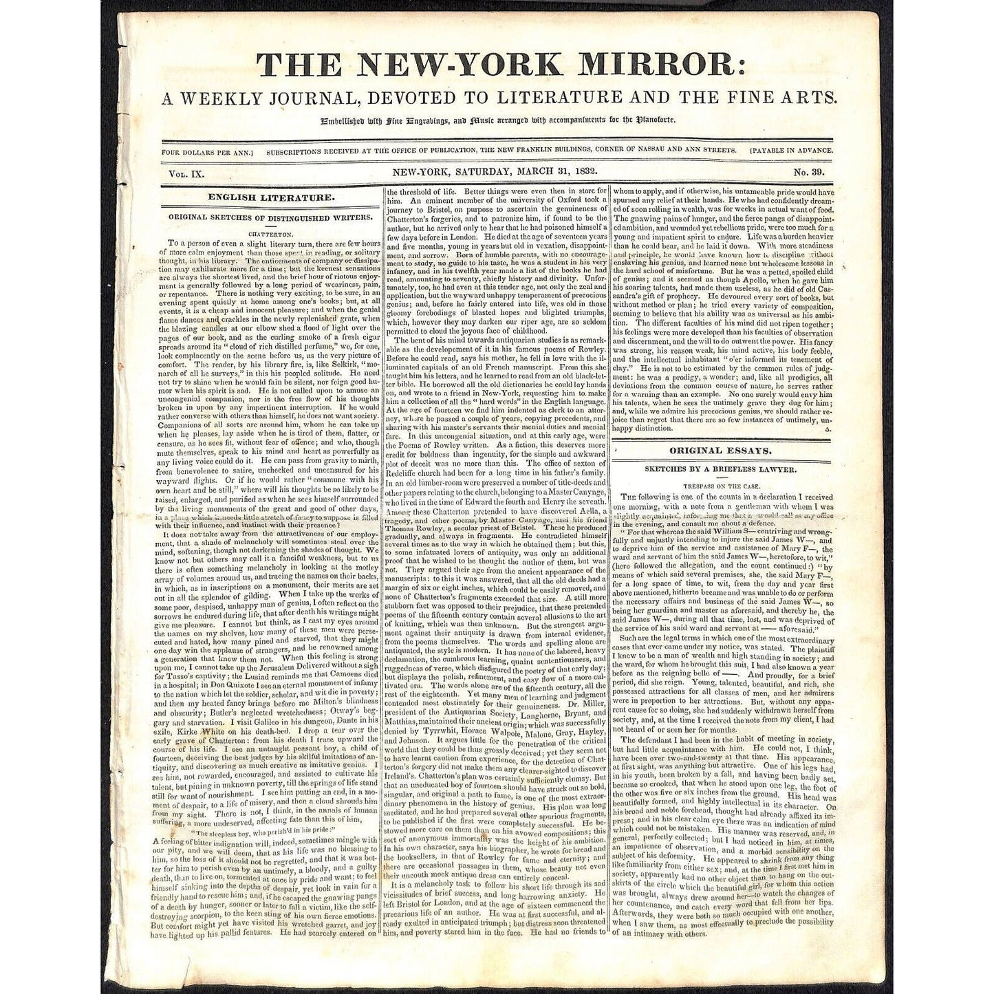 New-York Mirror Weekly Journal Literature Fine Arts Newspaper 3/31/32 8pp