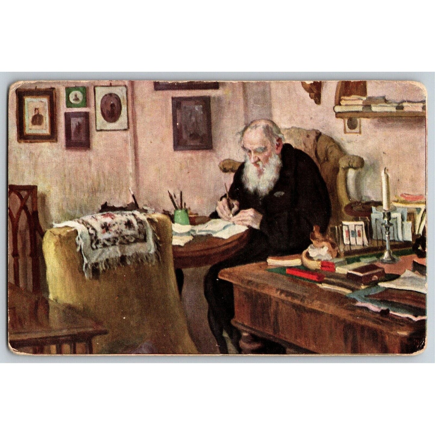 c1911 Vintage Bulgarian / Russian Art Postcard Leo Tolstoy Writing in His Office