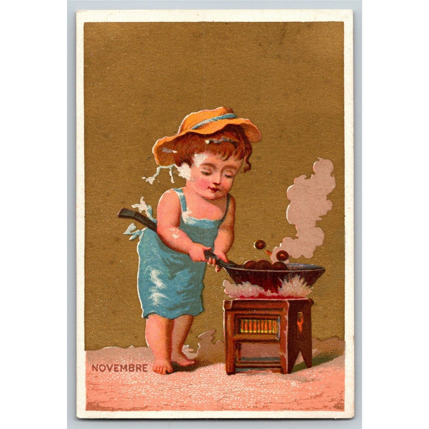 Gilt "Novembre" Child Cooking Pan Stove (Soapine) Unmarked Victorian Trade Card