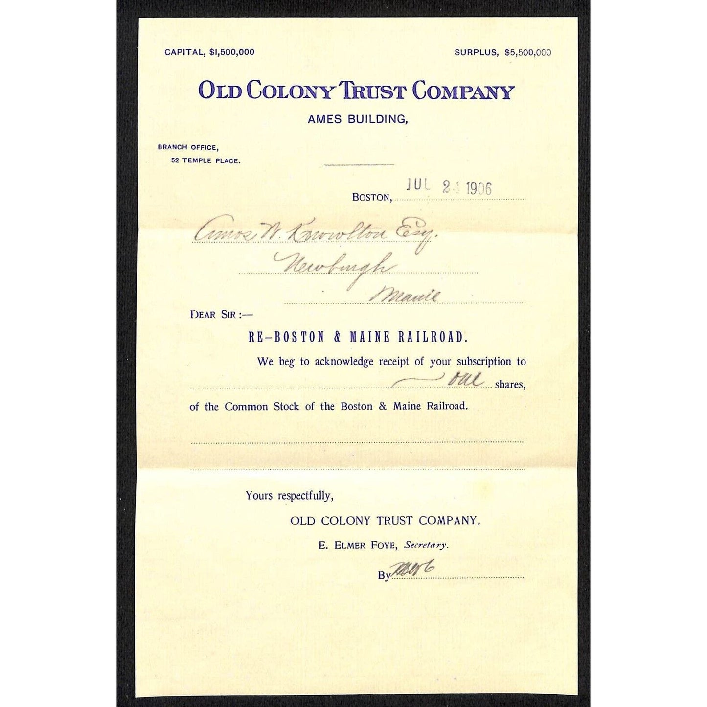 Newburgh ME Amos W. Knowlton* 1906 Boston & Maine Railroad Stock Purchase