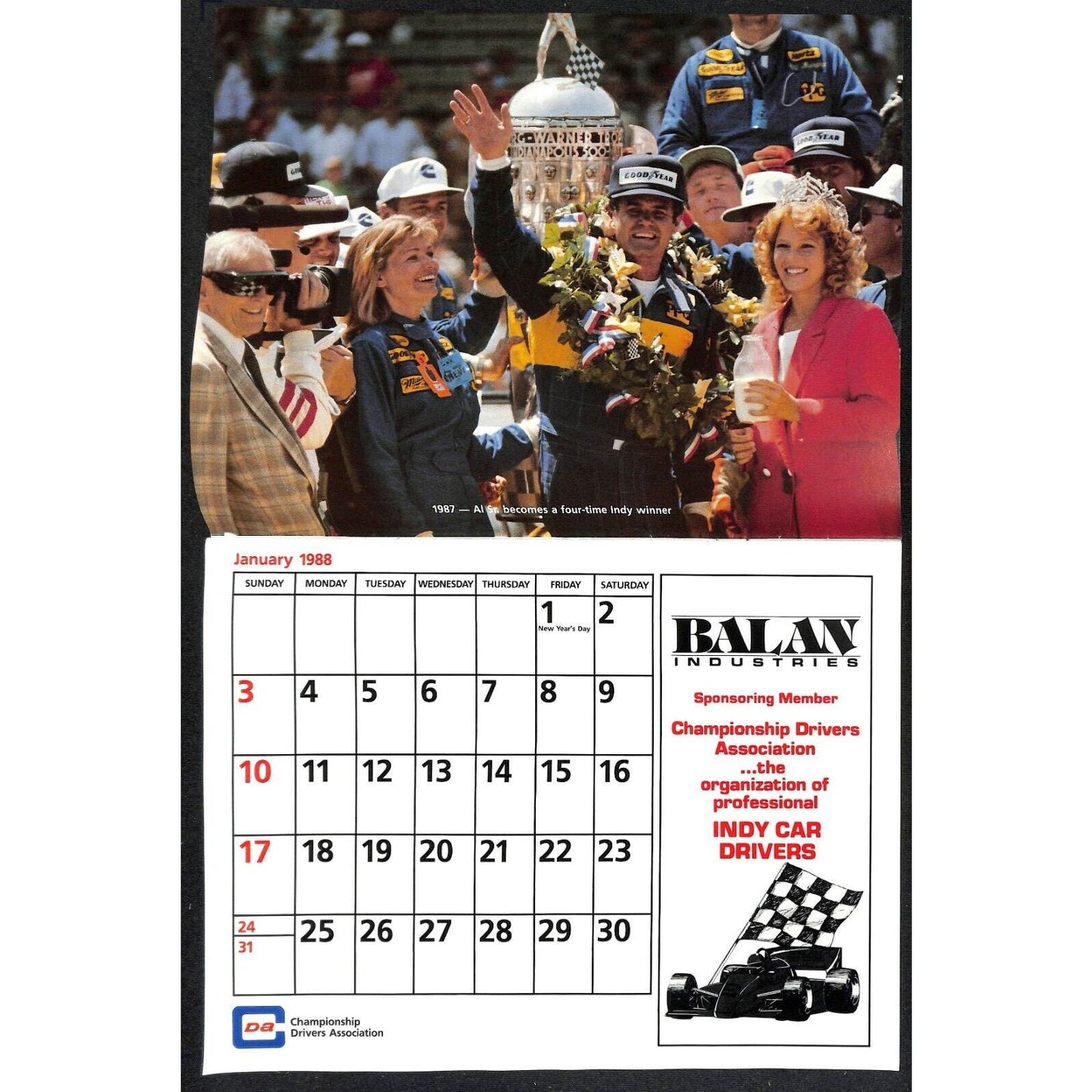 1988 Indy 500 PPG CDA Championship Drivers Assoc. Calendar w/ Bobby Rahal