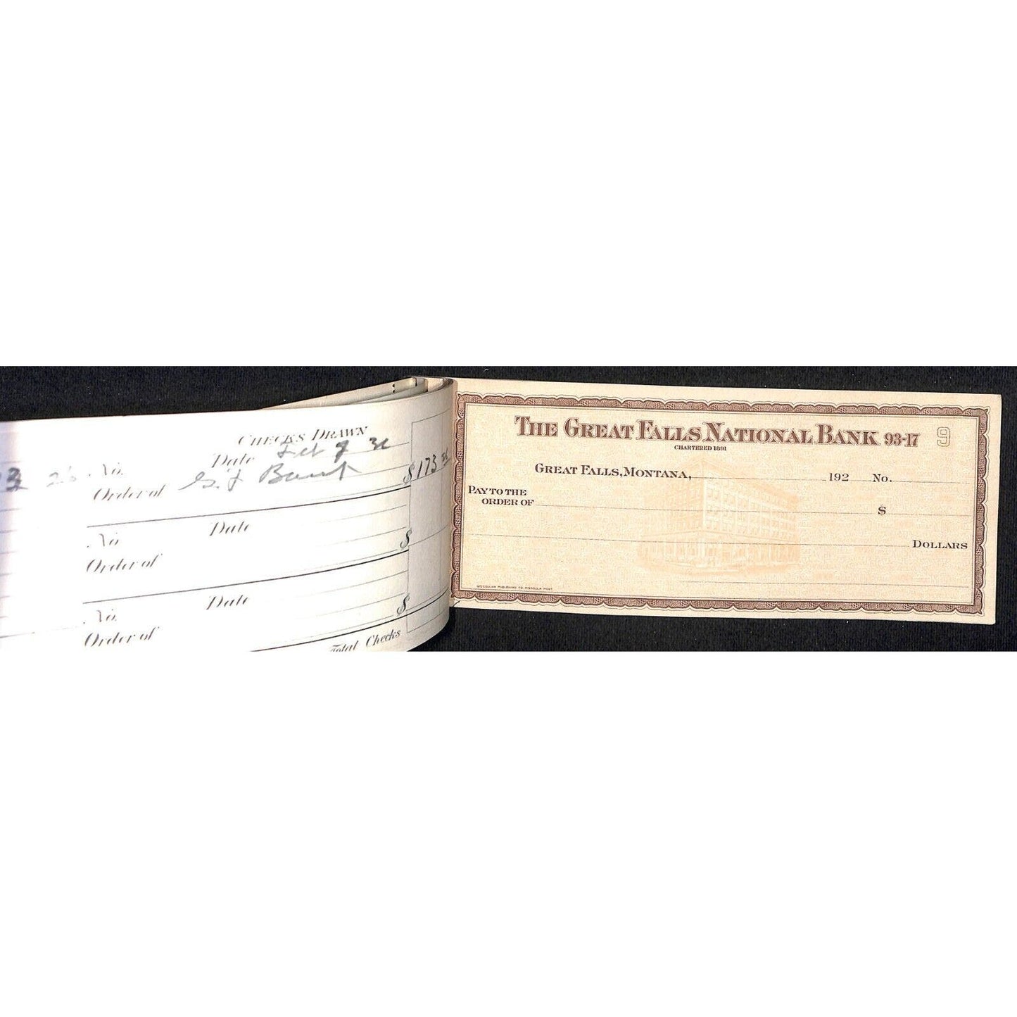 1920's Great Falls National Bank Montana Check Book - w/ 4 Unused Checks - VGC
