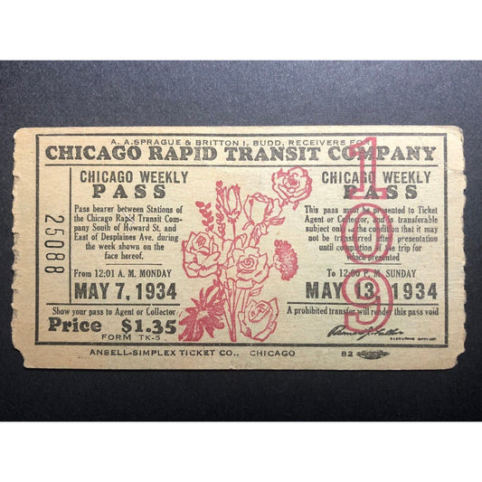 1934 Chicago Transit Authority Weekly Pass May "109" w/ Floral Art - VGC