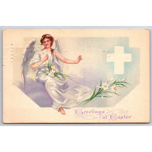 Easter Postcard "Greetings at Easter" Cross Lilies Angel PM c1920