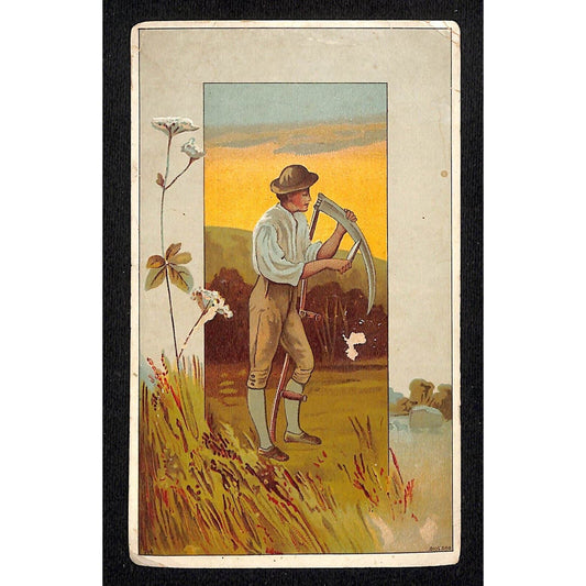 E. Frank Coe's Bone Fertilizer New York City Victorian Trade Card Man w/ Scythe