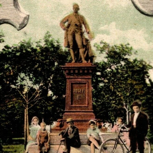 Vintage Postcard c1906 Group w/ Bicycle Pose Near Josef II Monument