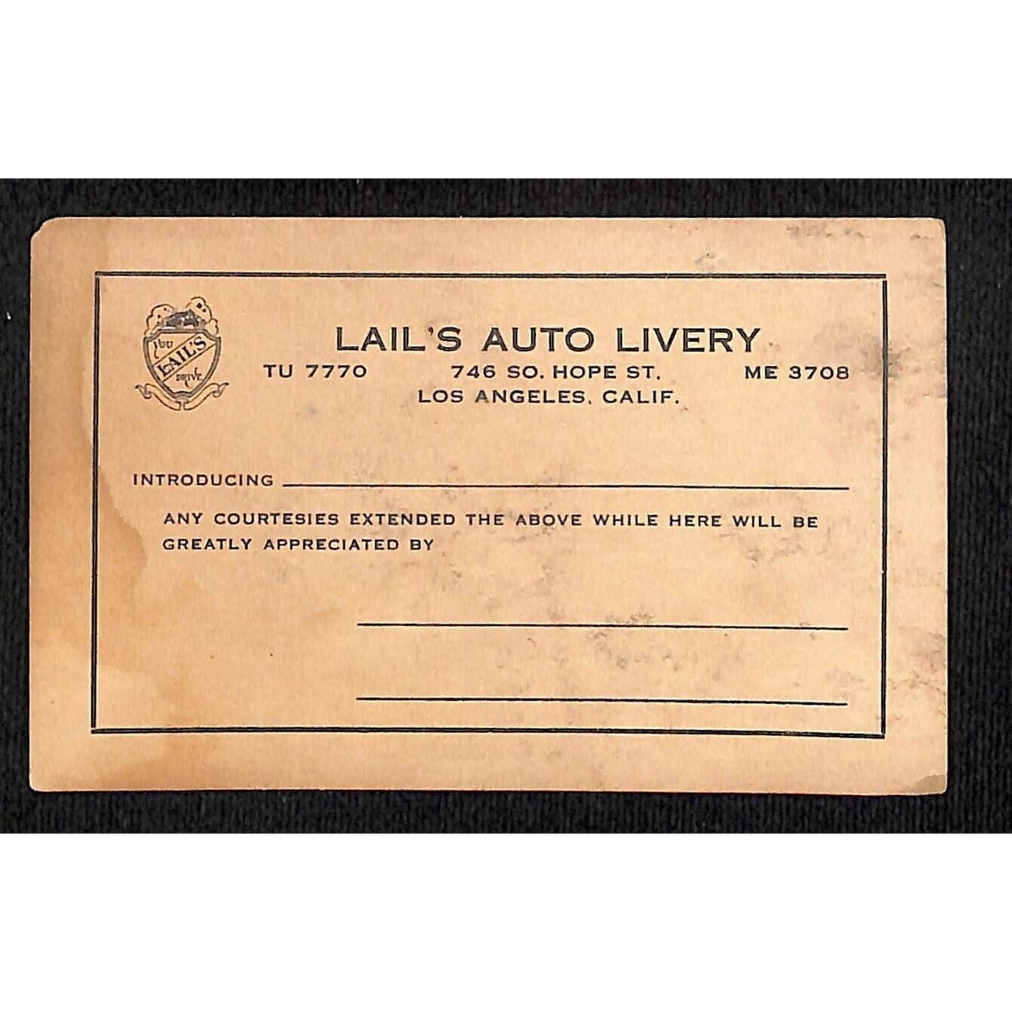 Lail's Auto Livery Hope St. LA / Introduction Business / Trade Card c1928 Scarce