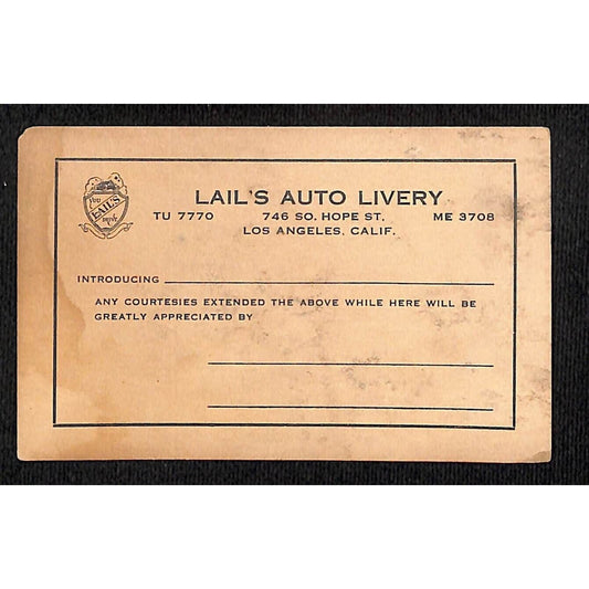 Lail's Auto Livery Hope St. LA / Introduction Business / Trade Card c1928 Scarce