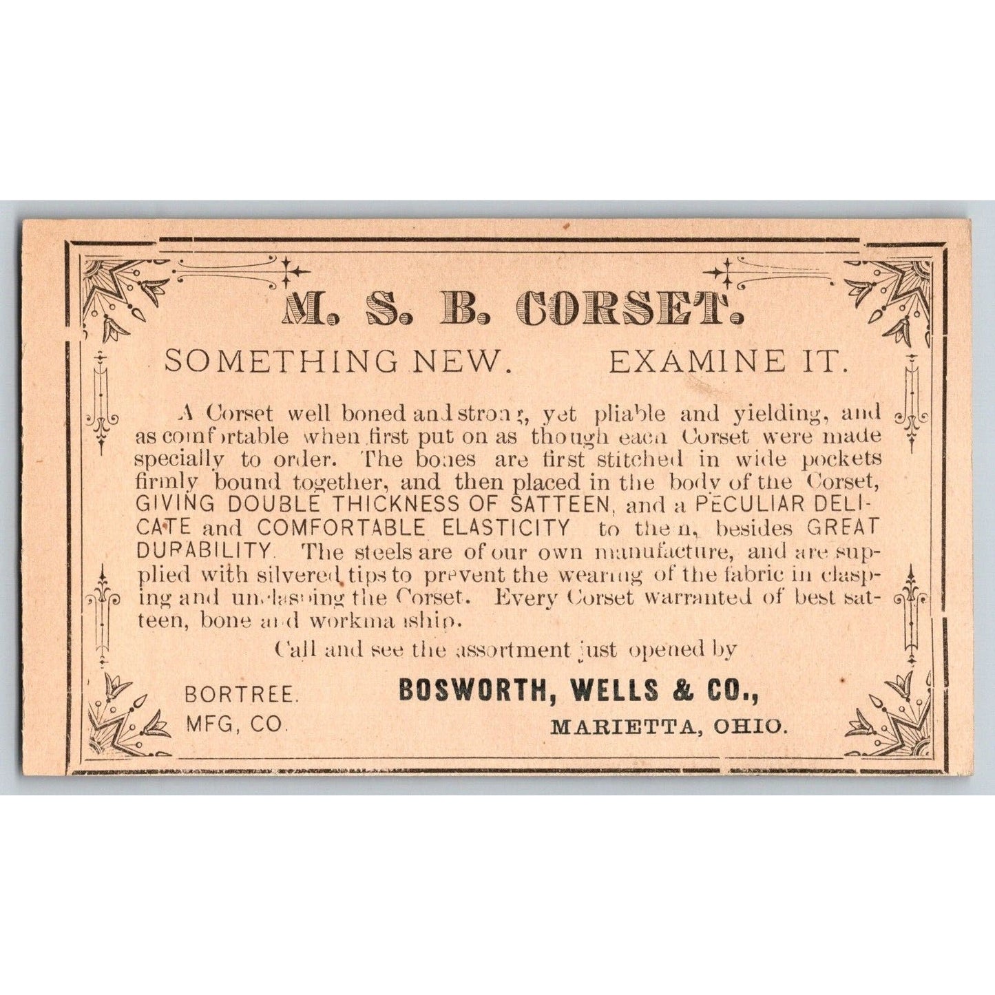 Bosworth, Wells & Co. MSB Corset Marietta, OH Victorian Trade Card - Hand Fan