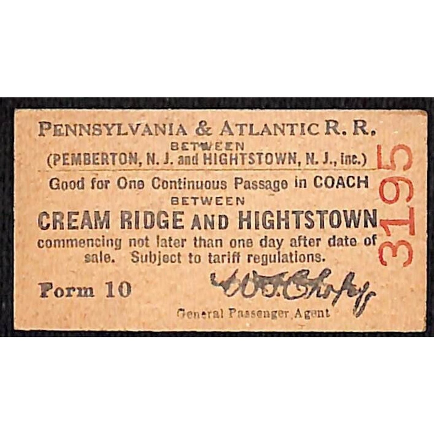 Pennsylvania & Atlantic Railroad Ticket Cream Ridge to Hightstown - c1915