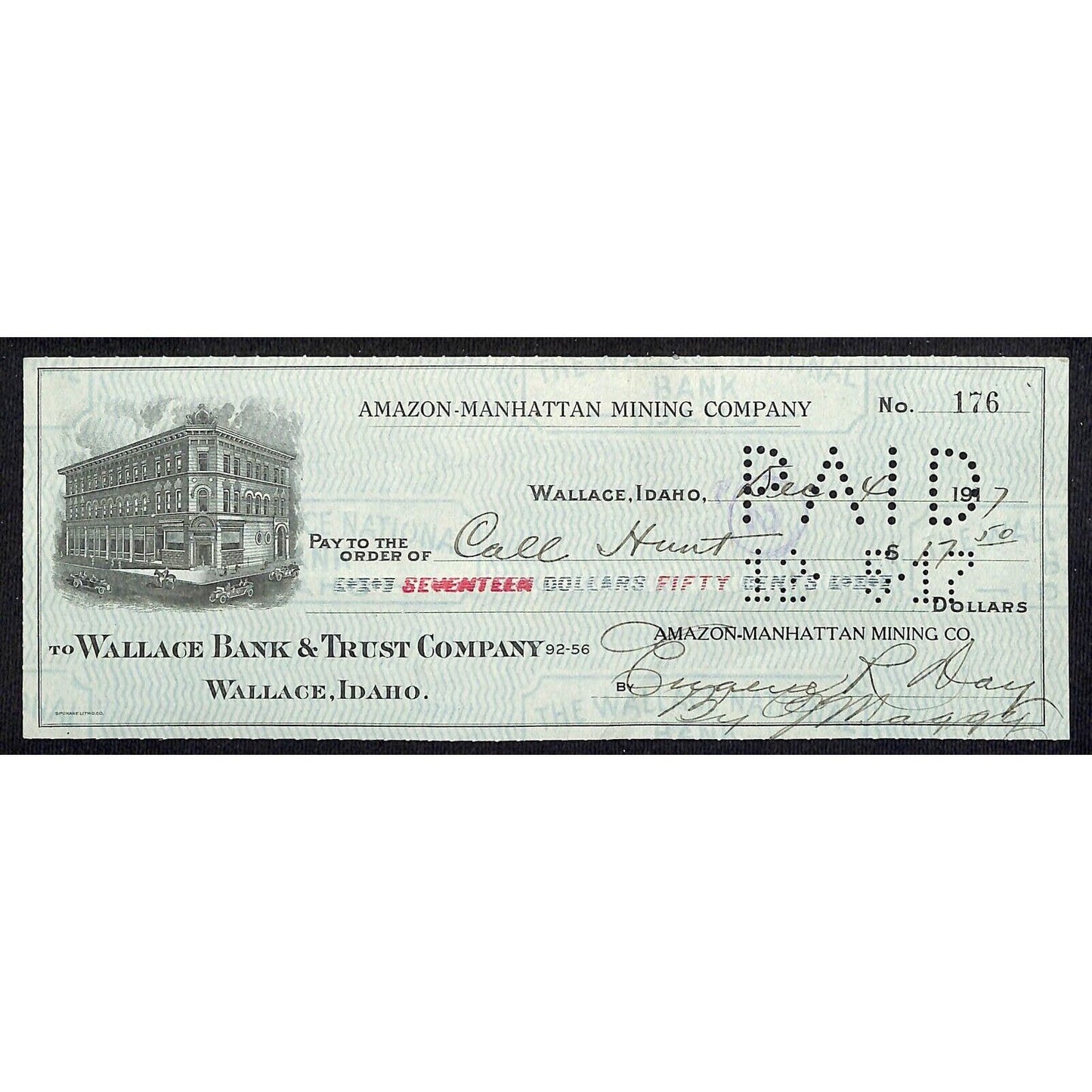 1917 Wallace, Idaho Amazon-Manhattan Mining Co. $17.50 Bank Check w/ Vignette